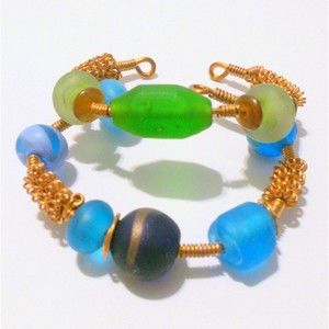 Pair of Artisan Crafted Copper Wire and Blue Green Sea Glass Cuff Bracelets
